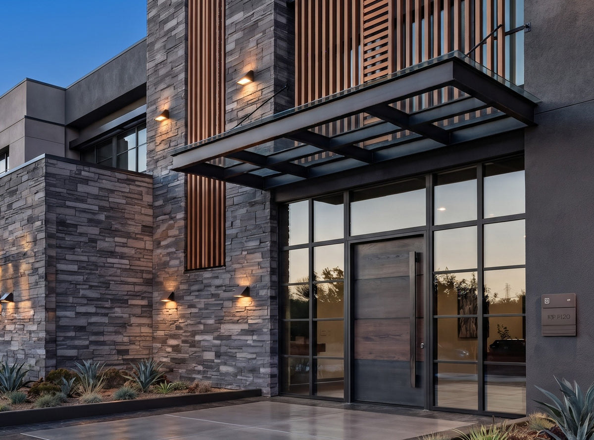 Commercial LED wall pack lights installed on an office building exterior for outdoor security lighting and nighttime visibility.