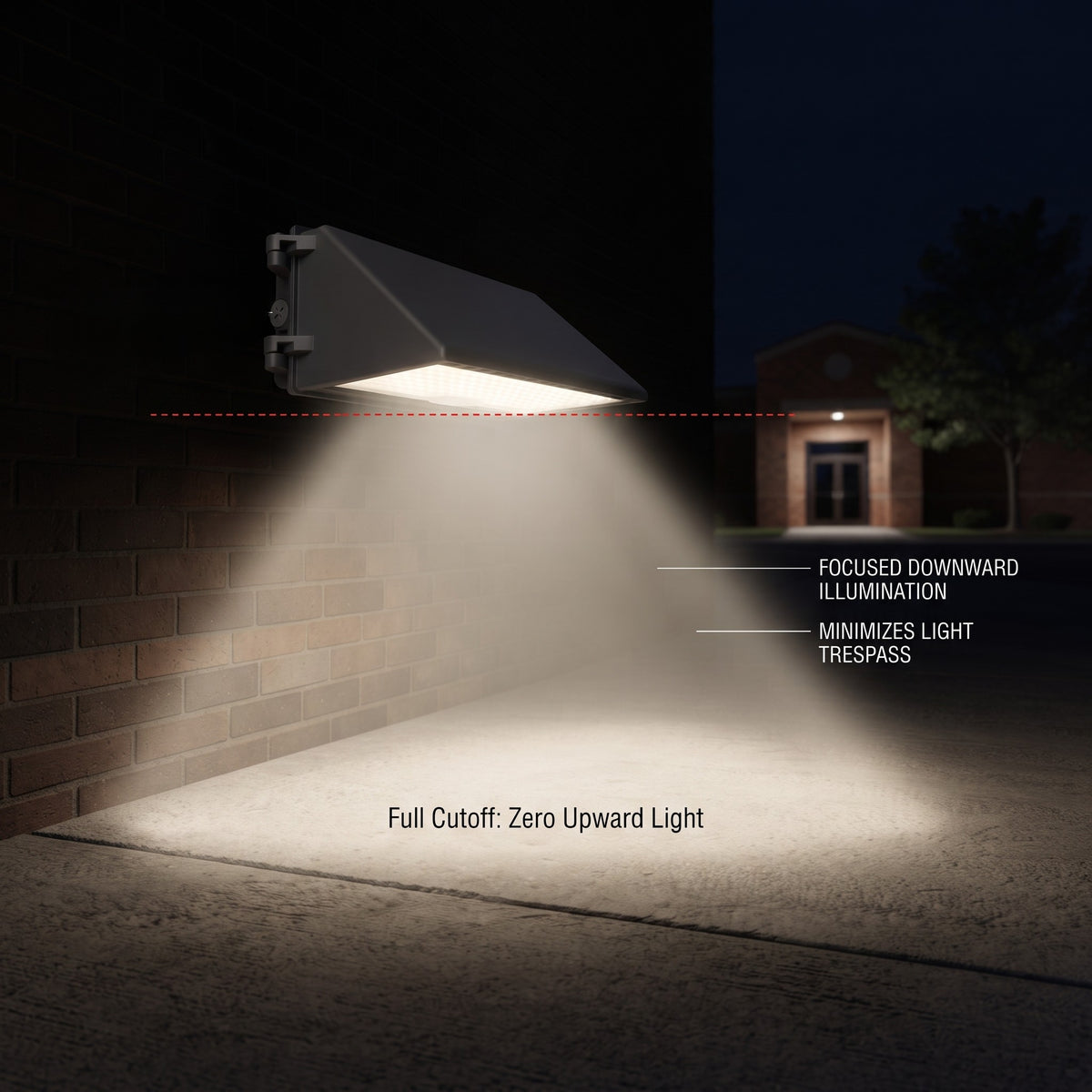Full cut-off LED wall pack lighting design directs light downward with minimal upward light, helping reduce glare and unwanted light trespass.
