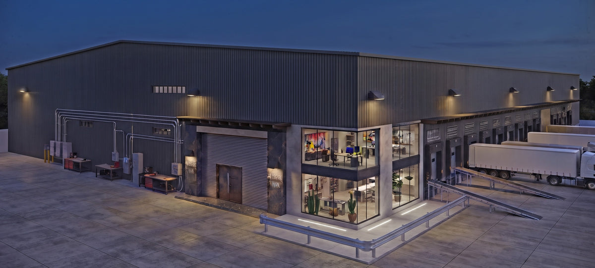 LED wall pack lights illuminating a manufacturing factory exterior, loading area, and surrounding work spaces