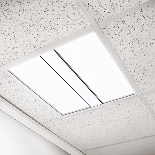 Elegant ceiling installation featuring PB03A Series 2x2 LED architectural recessed luminaire with uniform glare-free commercial lighting