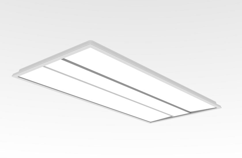 Elegant ceiling installation featuring PB03A Series 2x4 LED architectural recessed luminaire with uniform glare-free commercial lighting