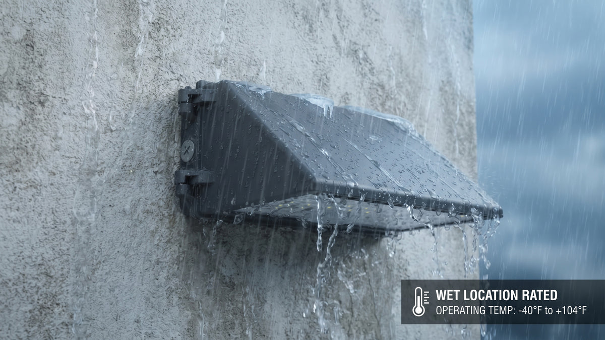 IP65 wet-location-rated LED wall pack light operating in rainy outdoor conditions for dependable exterior lighting.