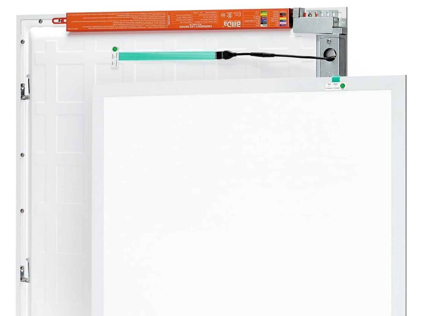 LED Back-Lit Panel Light 2'X2' with 90-minute emergency driver installed, showing location of emergency test button for commercial and residential applications