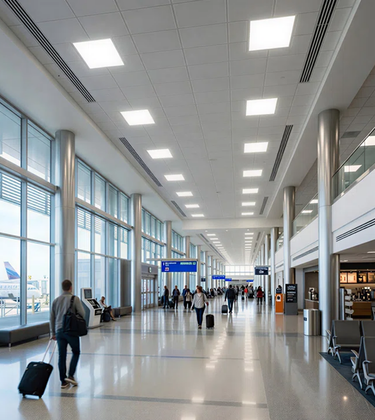 LED Back-Lit Panel Light installed in an airport terminal, providing bright, energy-efficient, glare-free illumination for commercial and public spaces