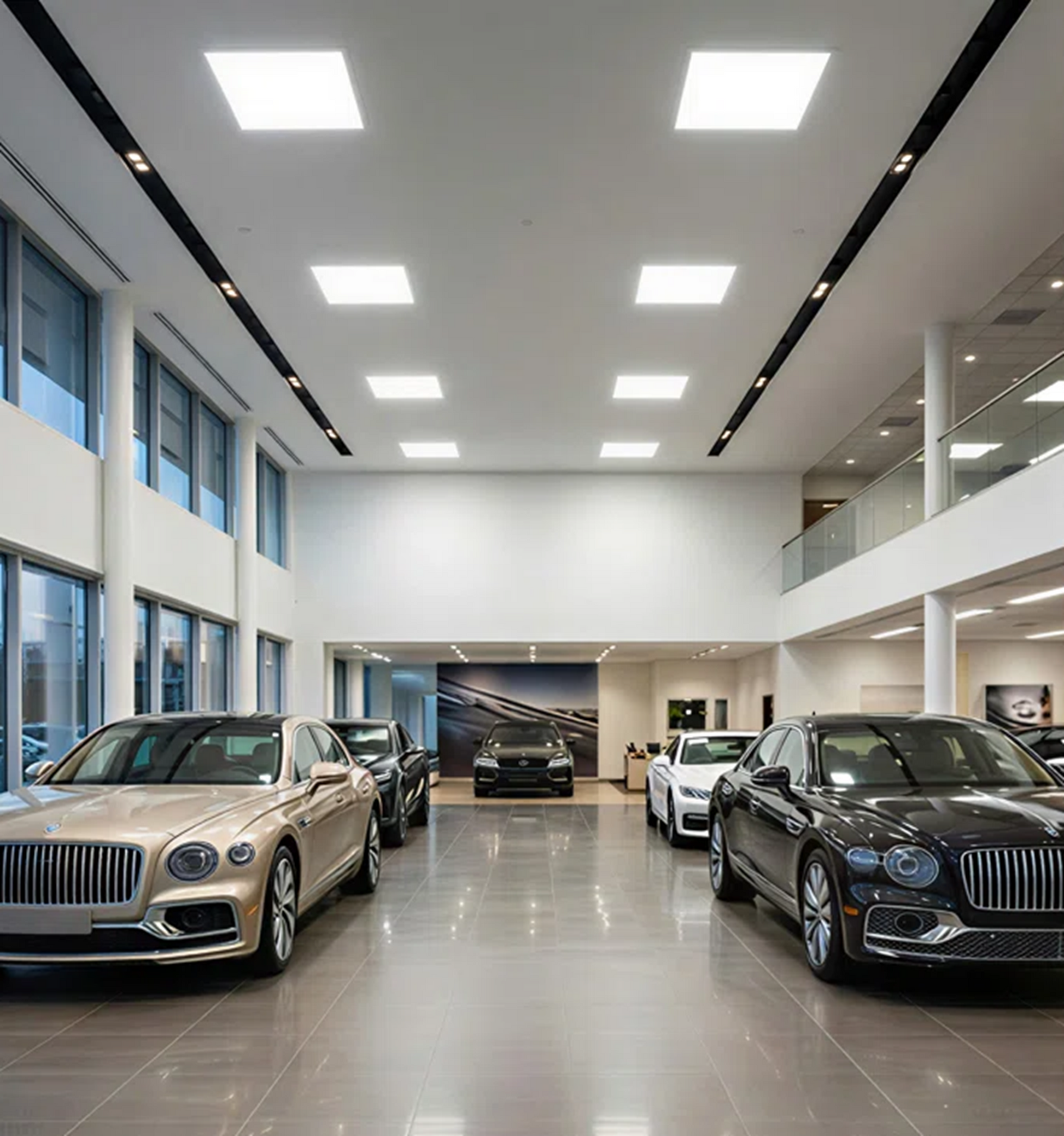 LED Back-Lit Panel Light installed in car dealership showroom, delivering clear, energy-efficient illumination for display vehicles