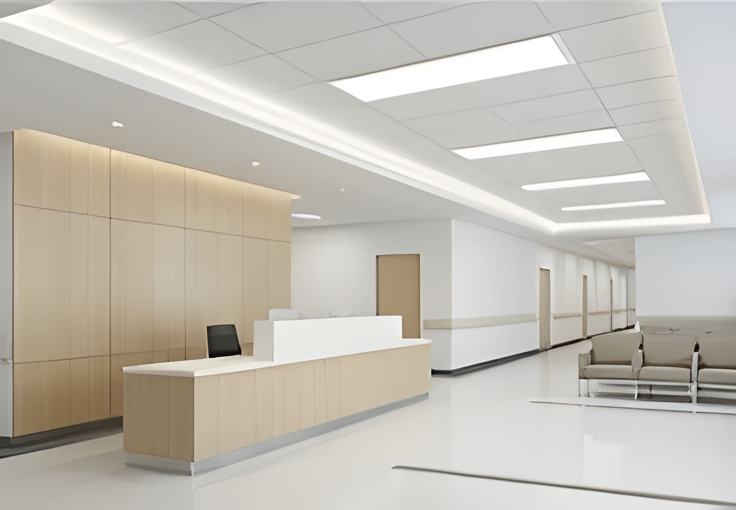 LED Back-Lit Panel Light PB2 Series installed above an office building front desk area, providing bright, glare-free, energy-efficient illumination for commercial spaces