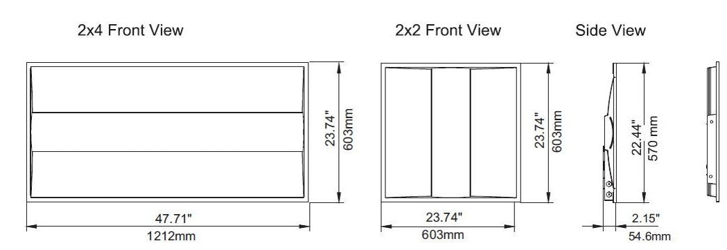 Dimension diagram for 2x2 and 2x4 LED Center Basket Troffer commercial ceiling light fixtures
