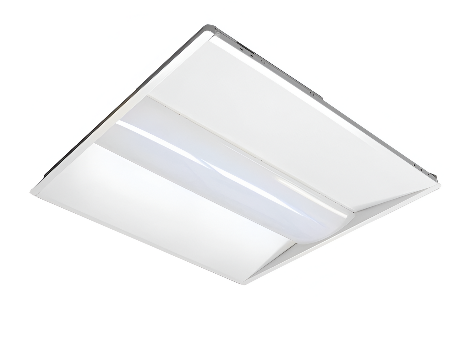 front of 2x2 LED Center Basket Troffer commercial ceiling light fixture with modern low-profile design and energy-efficient LED panel lighting