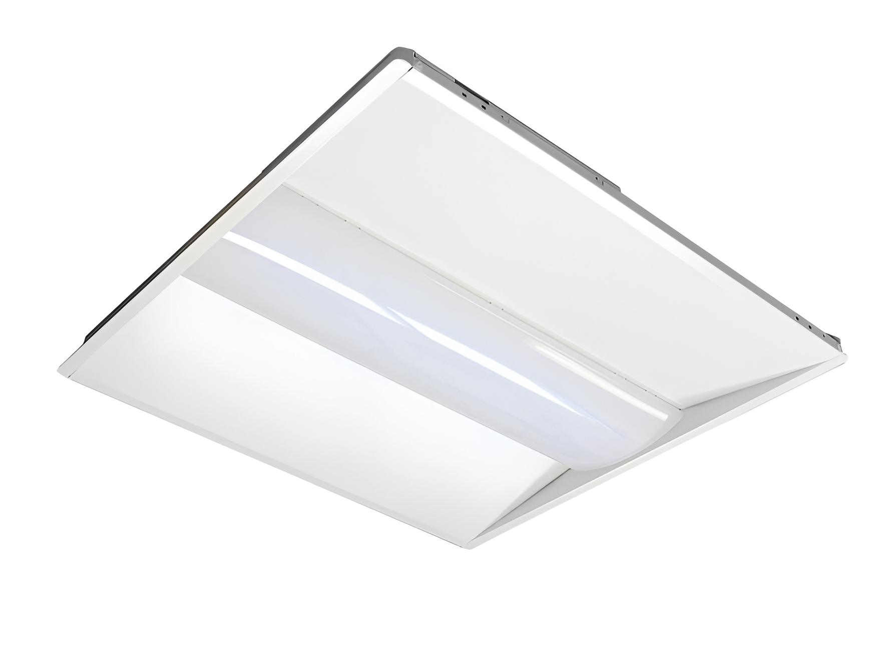 front of 2x2 LED Center Basket Troffer commercial ceiling light fixture with modern low-profile design and energy-efficient LED panel lighting