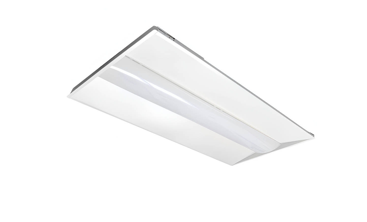 front of 2x4 LED Center Basket Troffer light fixture for commercial office ceiling lighting with uniform bright illumination