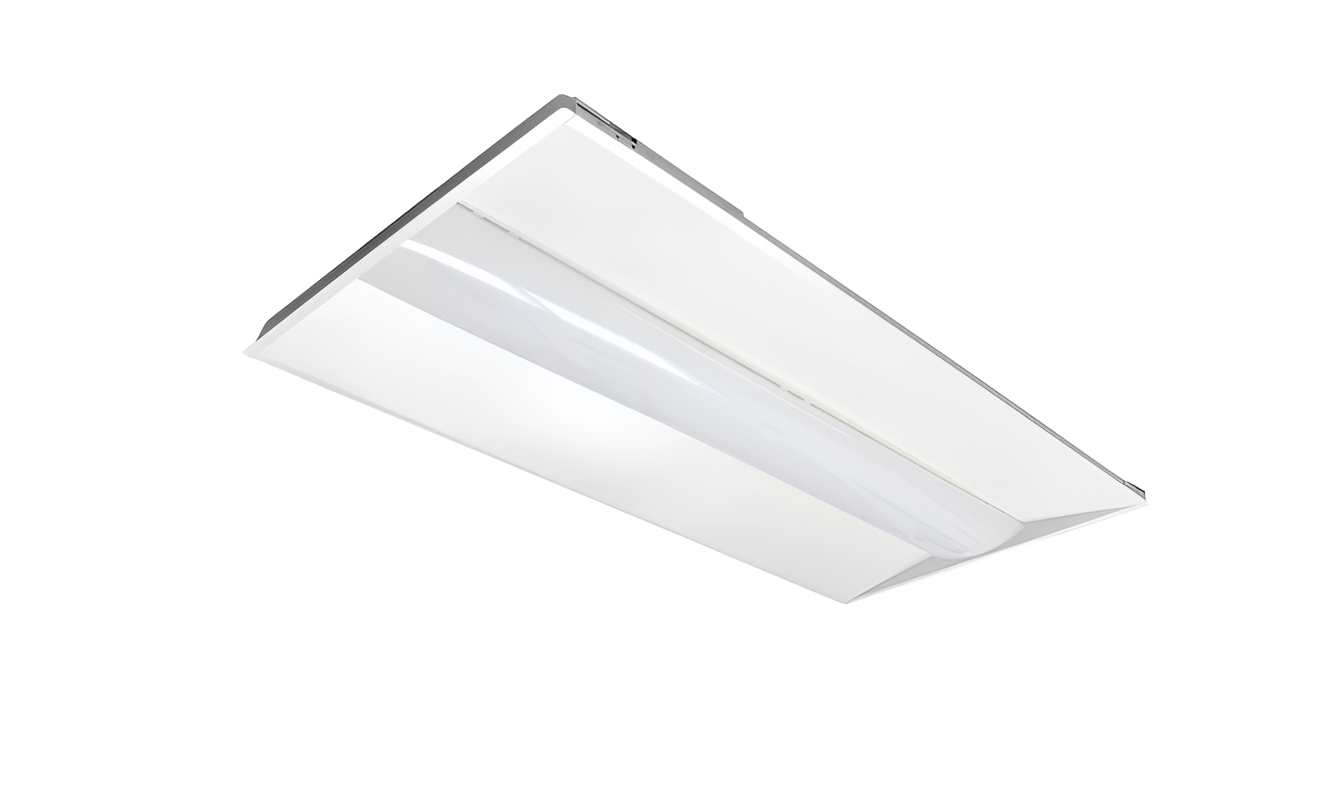 front of 2x4 LED Center Basket Troffer light fixture for commercial office ceiling lighting with uniform bright illumination
