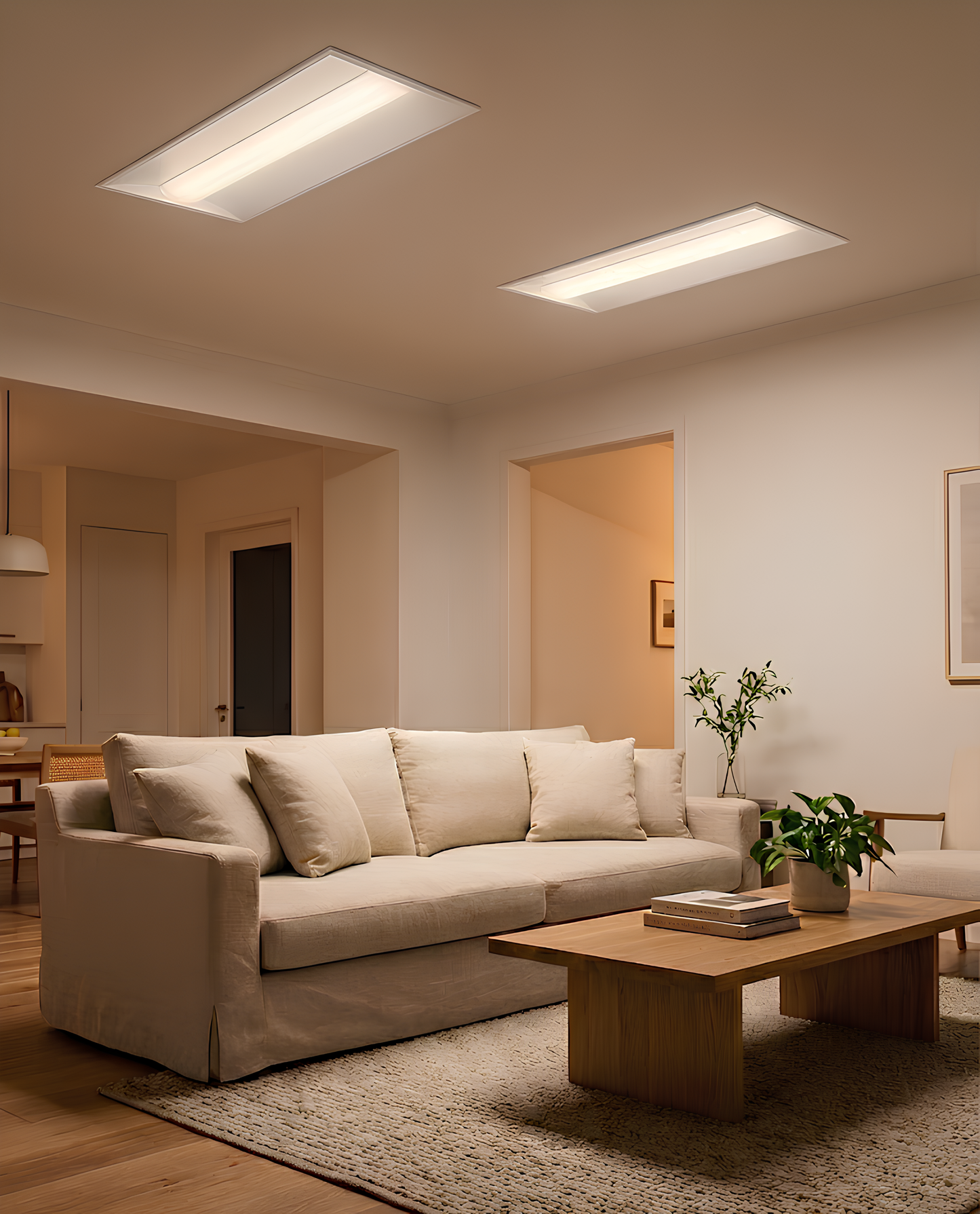 Cozy living room featuring LED Center Basket Troffer ceiling lighting with soft, comfortable, and evenly distributed illumination