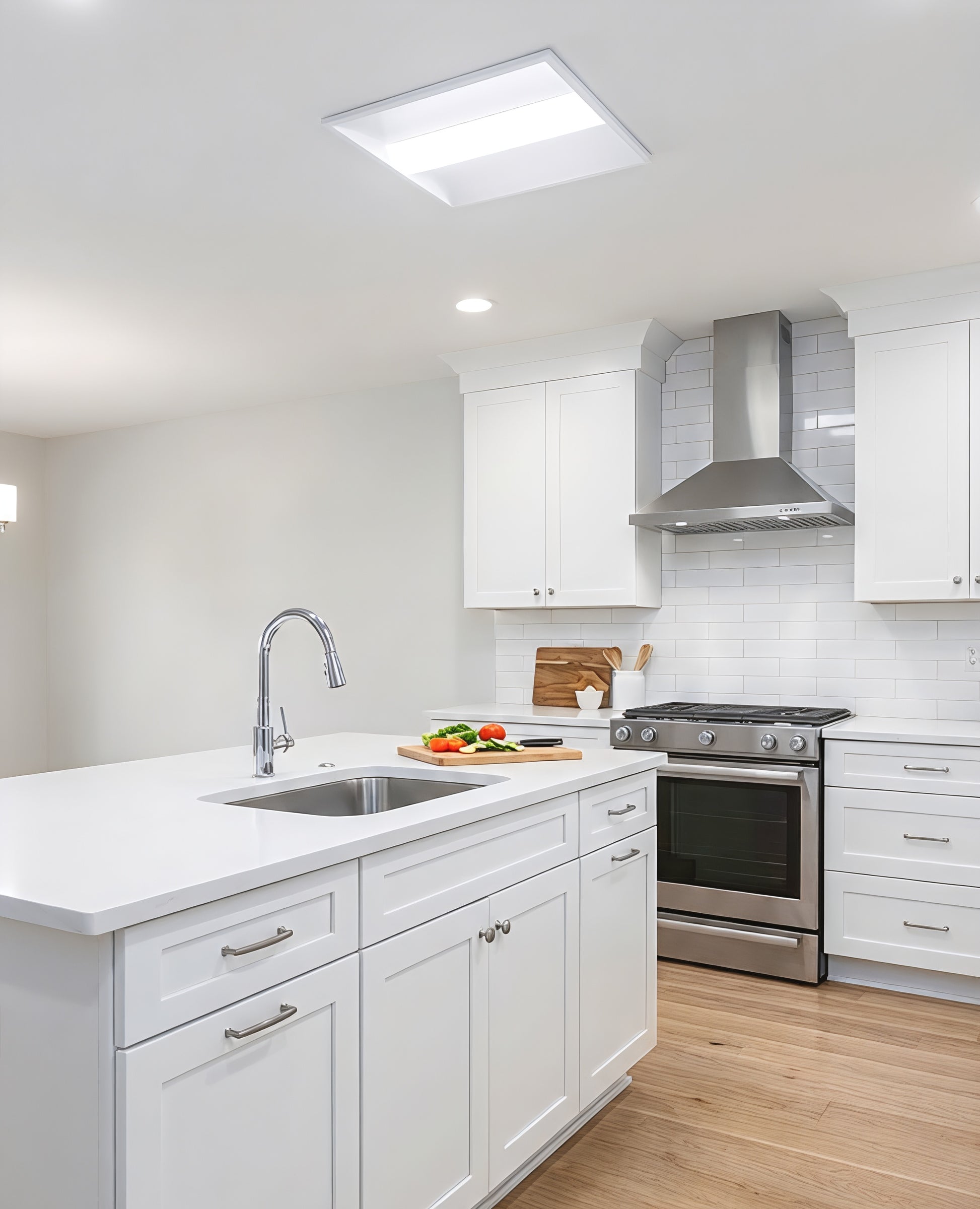 Modern kitchen illuminated with LED Center Basket Troffer ceiling lights delivering even, clear, energy-efficient lighting