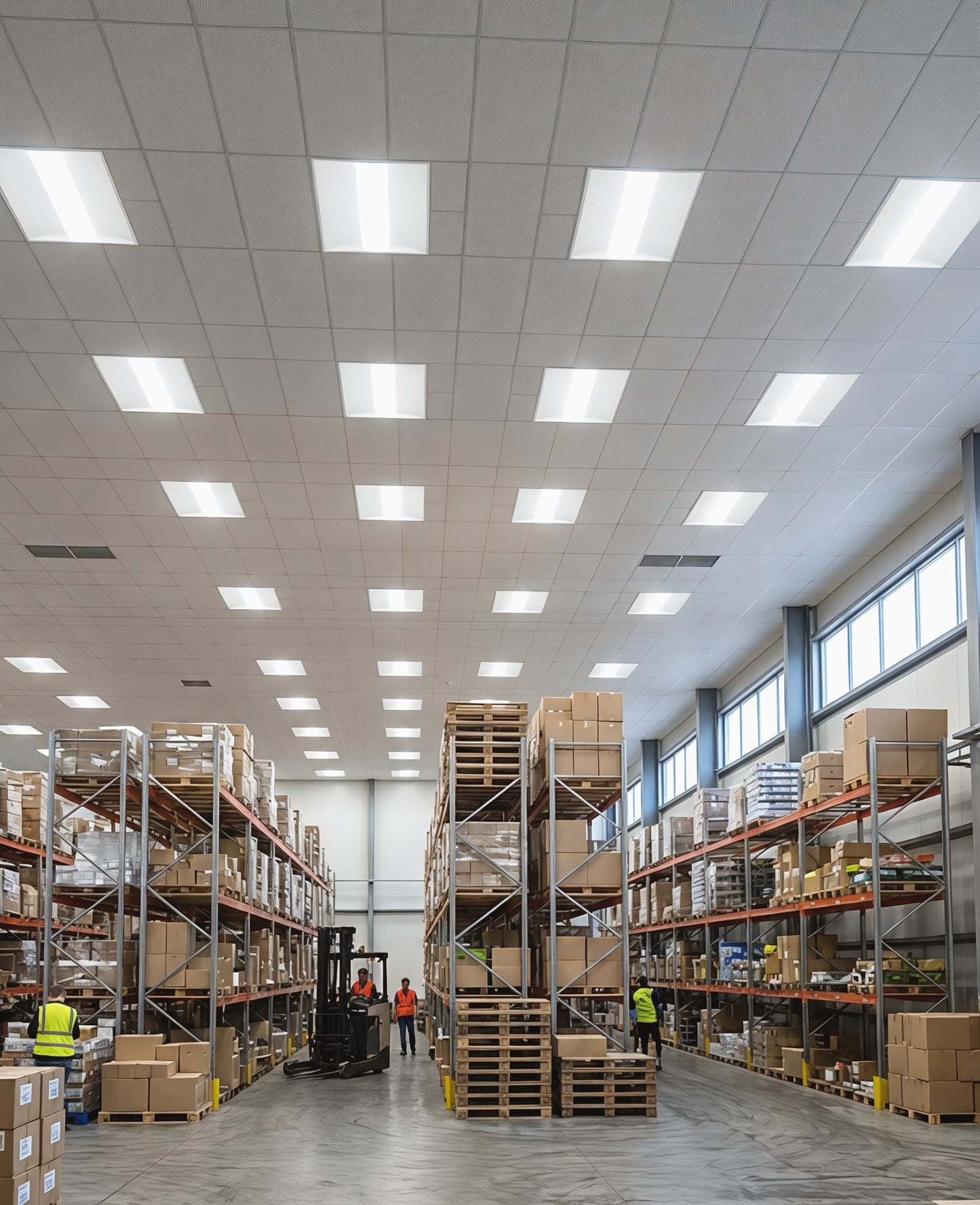 Bright LED Center Basket Troffer lighting installed in warehouse providing clear visibility and energy-efficient commercial illumination