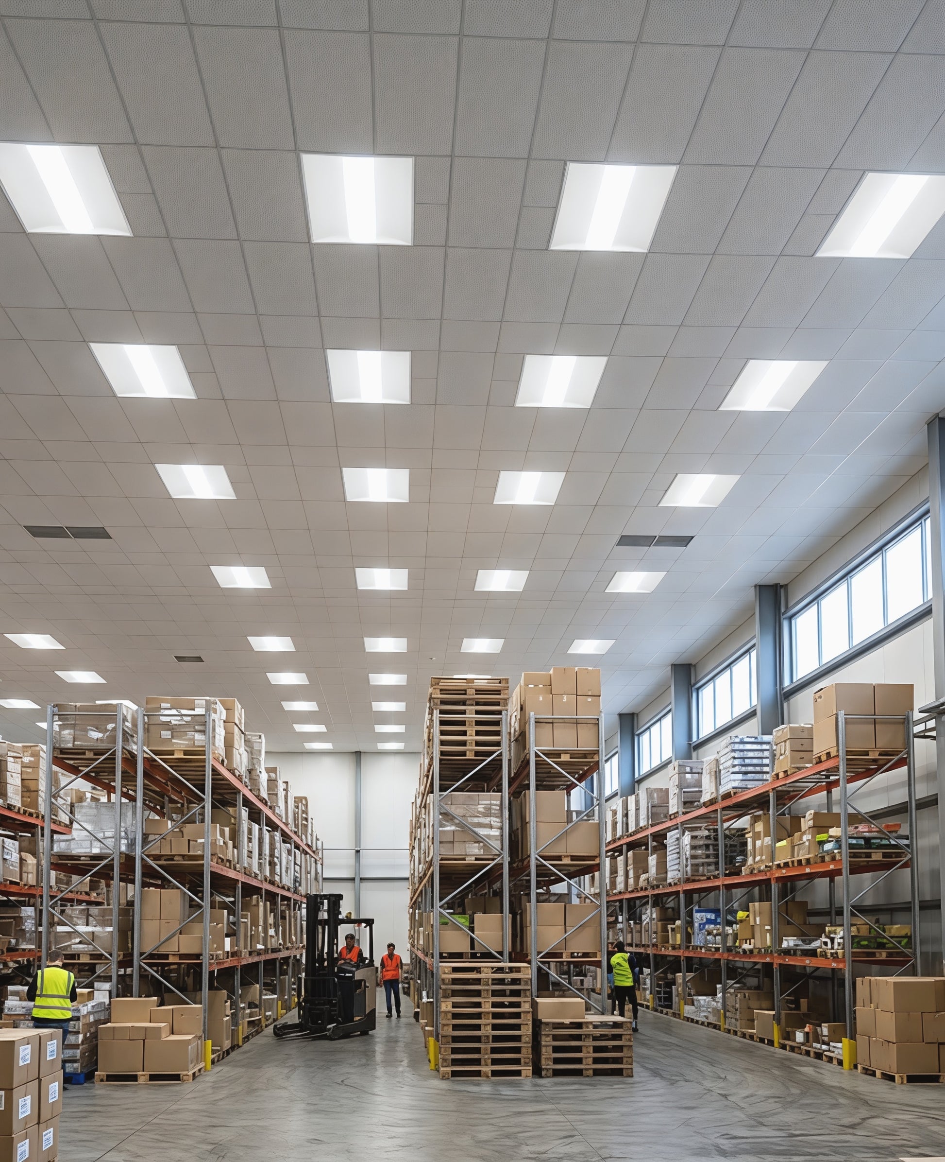 Bright LED Center Basket Troffer lighting installed in warehouse providing clear visibility and energy-efficient commercial illumination