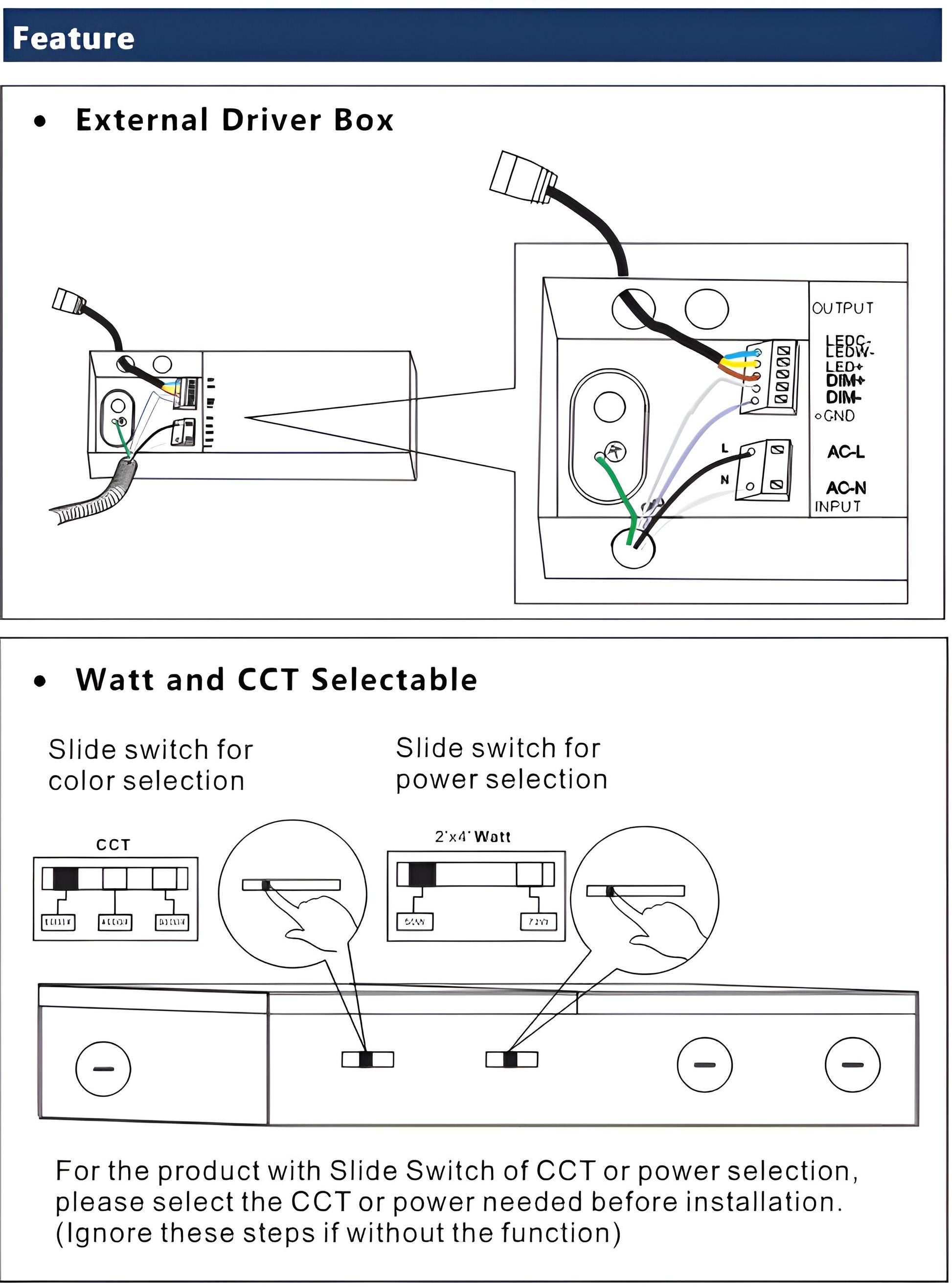 LED frame light driver box with adjustable wattage and selectable CCT switches (3000K 4000K 5000K), showing commercial LED panel power supply and color temperature control settings