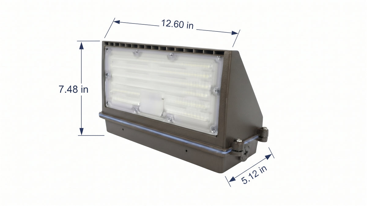 LED full cut-off wall pack light dimensions diagram showing the fixture width, height, and depth for installation planning.