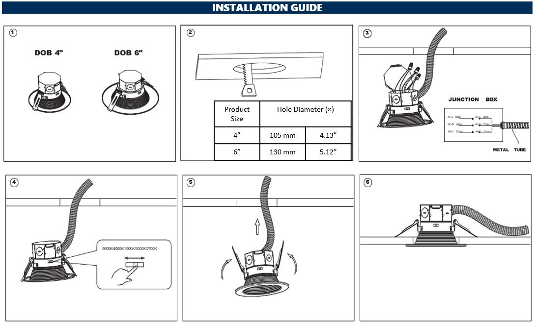 LED J-box anti-glare recessed downlight installation guide showing installation steps and wiring diagram