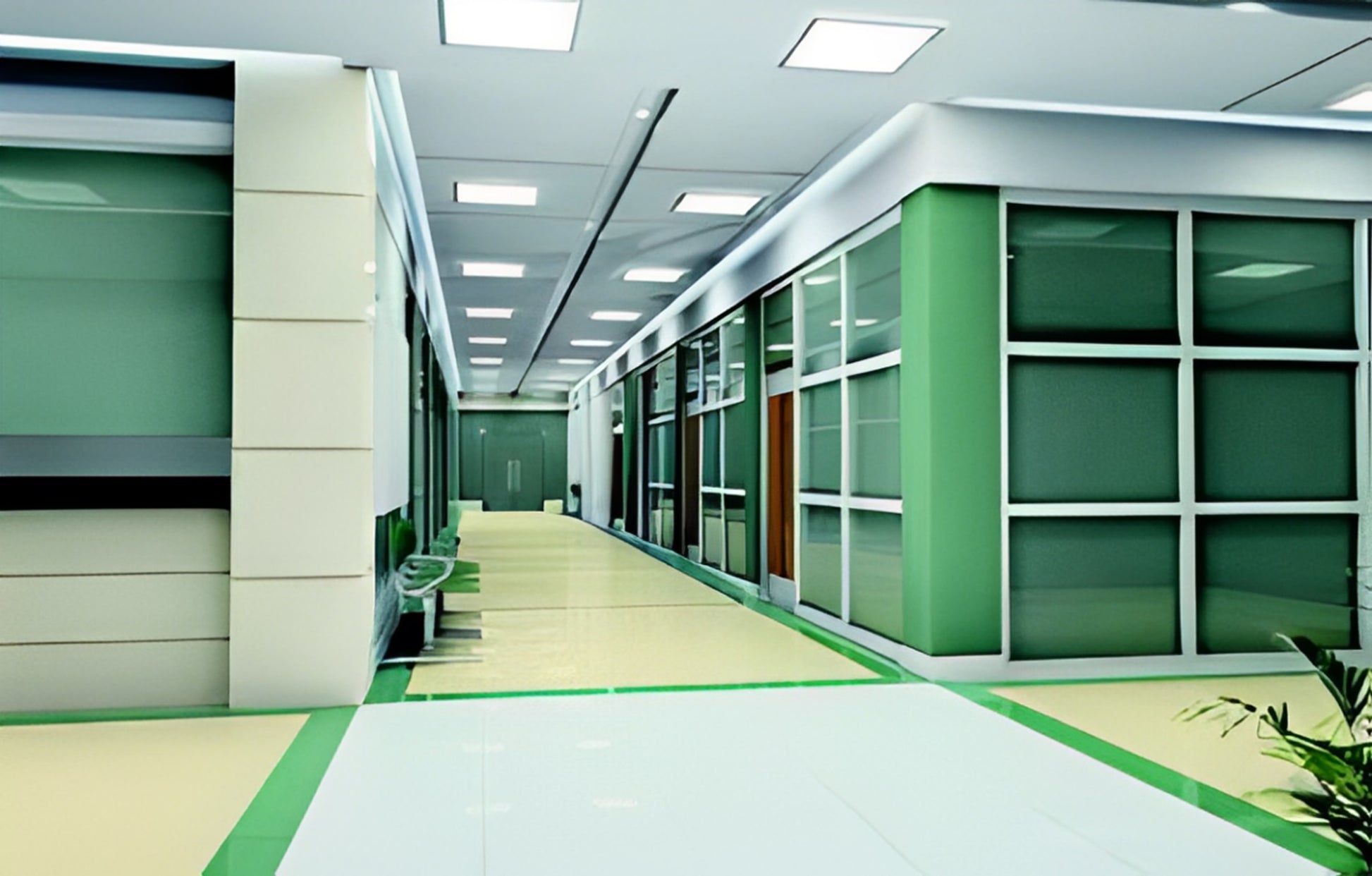 LED surface mount backlit panel lights installed on office hallway ceiling providing bright uniform and modern commercial lighting