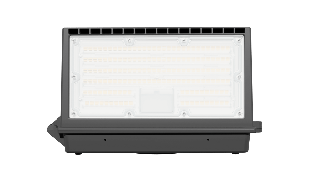 Close-up of the LED wall pack light lens and LED chips, showing the lighting components of this outdoor LED wall fixture
