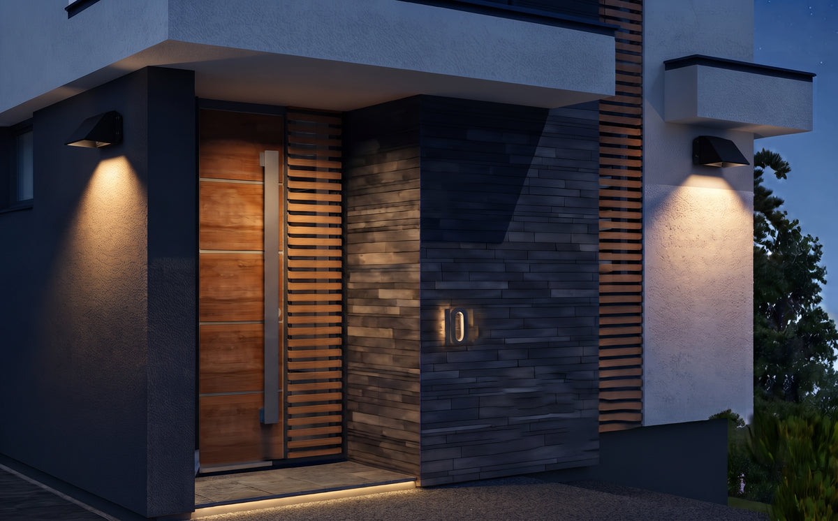 LED outdoor wall pack light installed on a residential house exterior