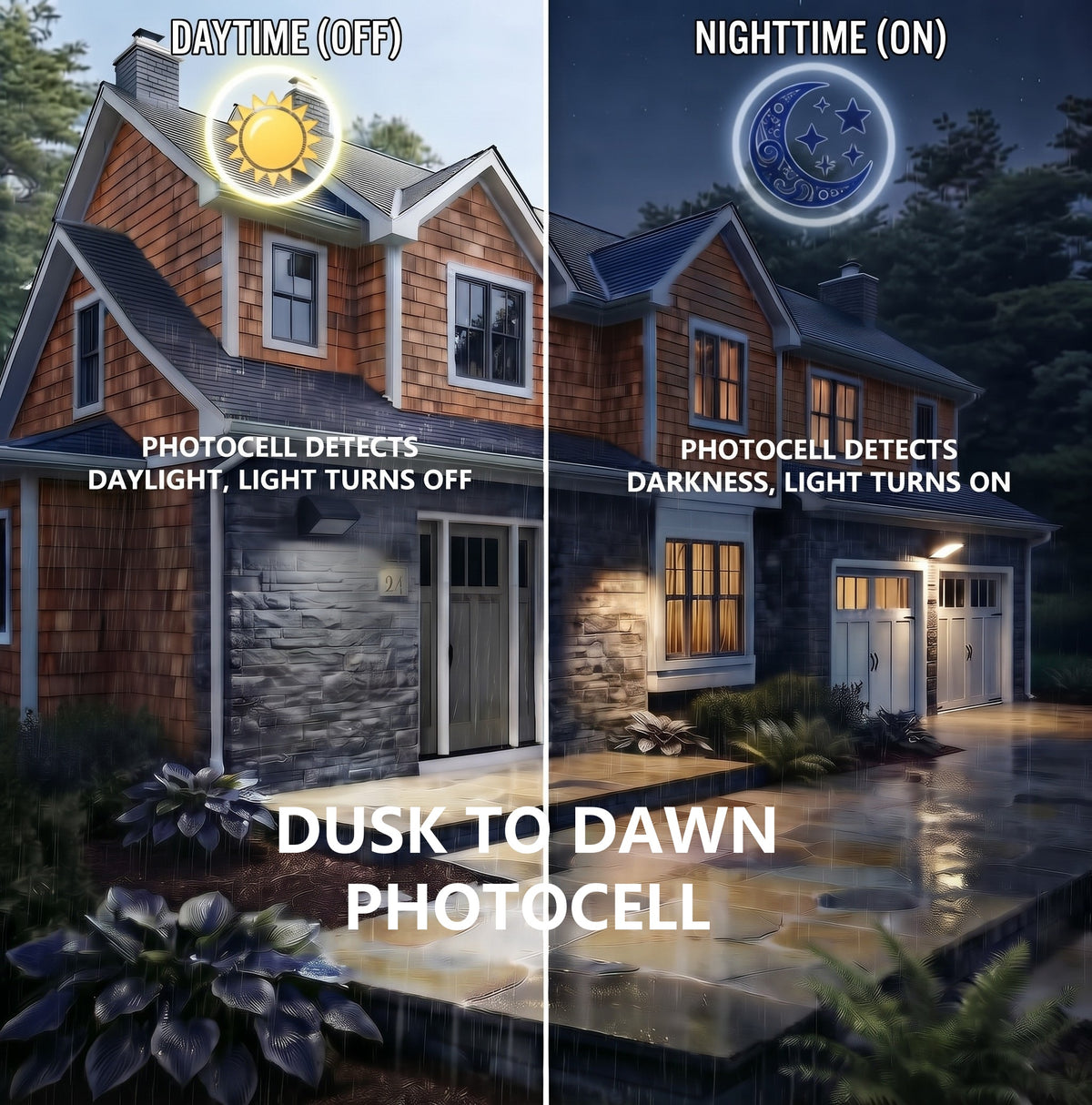 LED wall pack with a photocell for automatic outdoor lighting control, switching off during daylight and turning on at night.