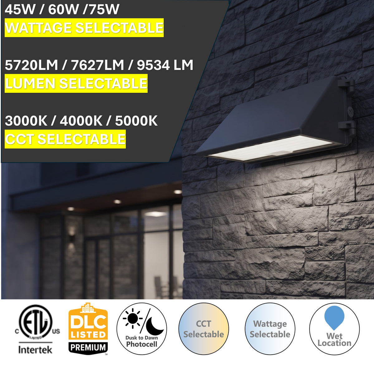 LED wall pack specifications featuring selectable 80W, 60W, and 45W wattage, 3000K, 4000K, and 5000K color temperatures, lumen output, dimming, and product certifications.