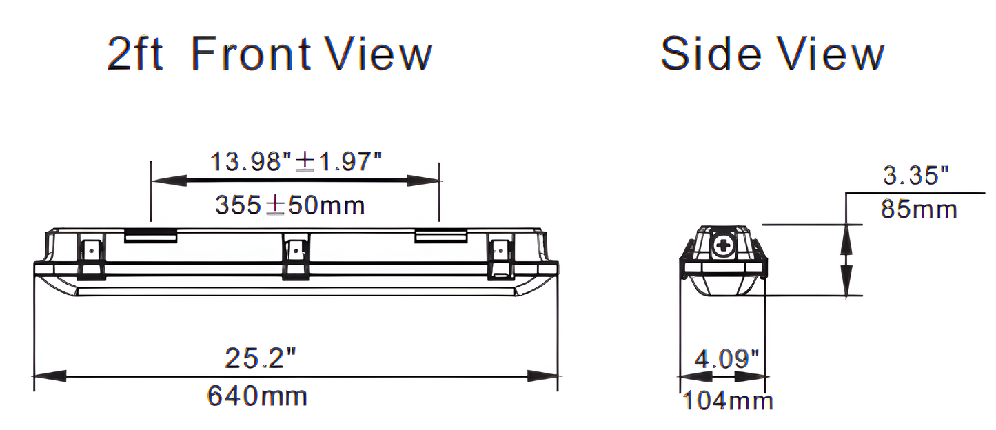 2ft LED waterproof linear vapor tight light dimensions drawing showing product length and specifications for compact commercial and industrial lighting applications