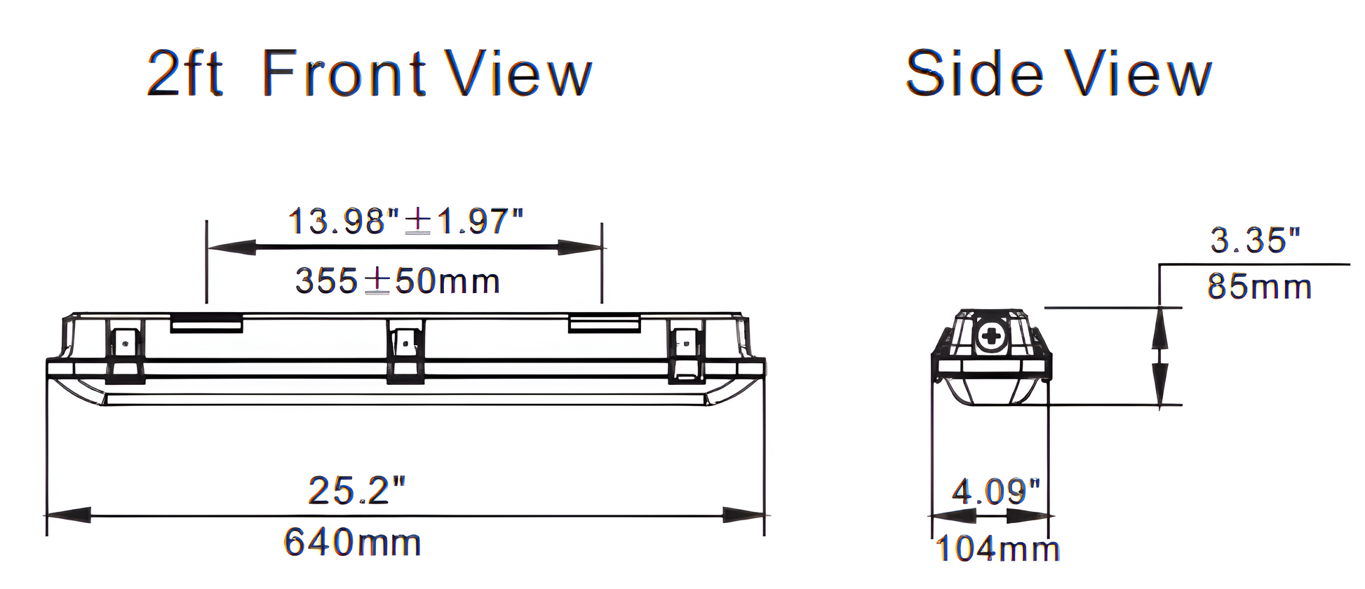 2ft LED waterproof linear vapor tight light dimensions drawing showing product length and specifications for compact commercial and industrial lighting applications