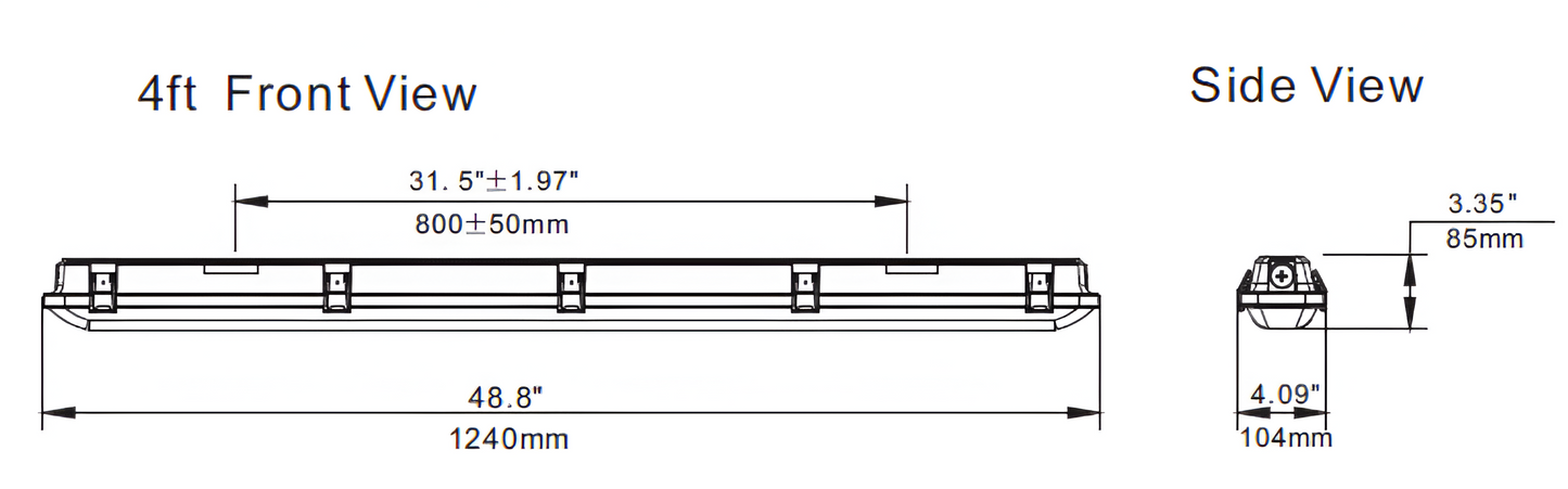 4ft LED waterproof linear vapor tight light dimensions drawing with technical specifications, showing fixture length for commercial and industrial wet location lighting