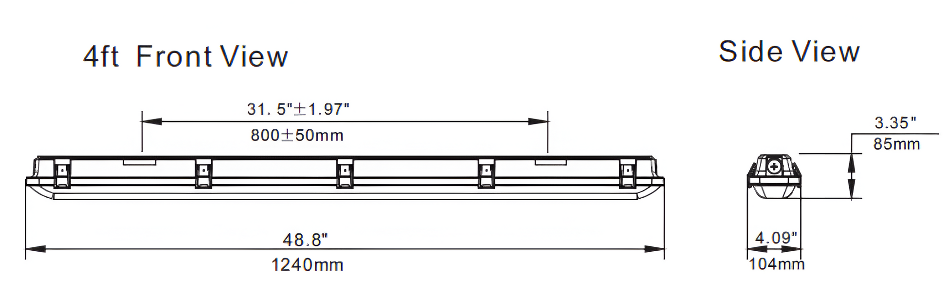 4ft LED waterproof linear vapor tight light dimensions drawing with technical specifications, showing fixture length for commercial and industrial wet location lighting