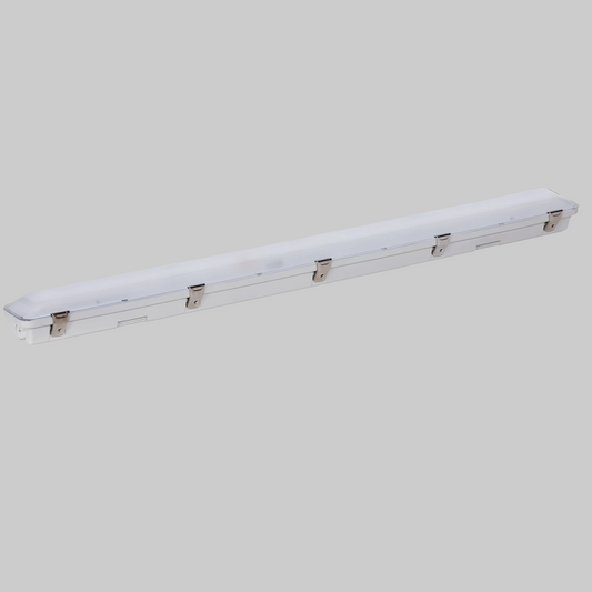 4ft LED waterproof linear vapor tight light fixture, IP66 rated commercial and industrial lighting for parking garages, warehouses, and wet locations, adjustable wattage and CCT, 0-10V dimmable