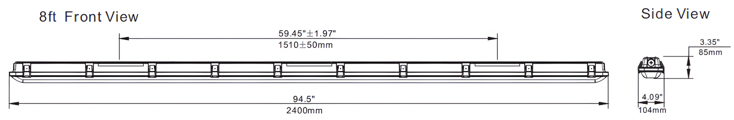 8ft LED waterproof linear vapor tight light dimensions drawing with technical specifications, showing extended fixture length for high-output industrial and commercial lighting applications