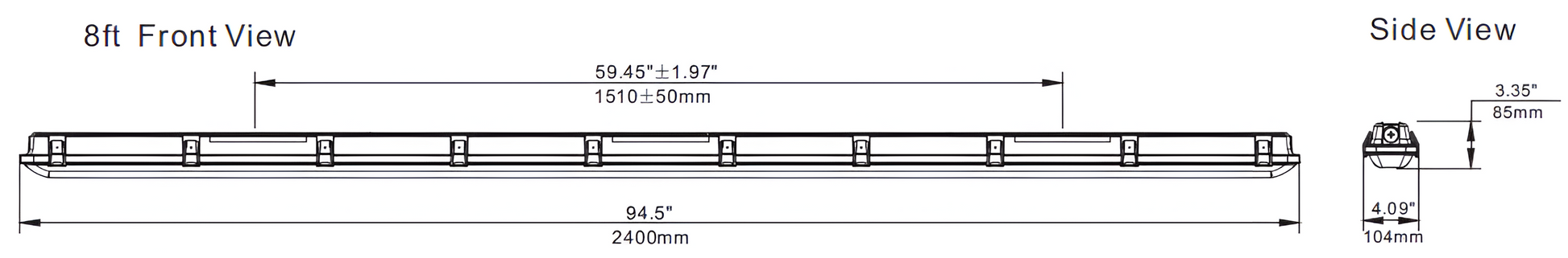 8ft LED waterproof linear vapor tight light dimensions drawing with technical specifications, showing extended fixture length for high-output industrial and commercial lighting applications