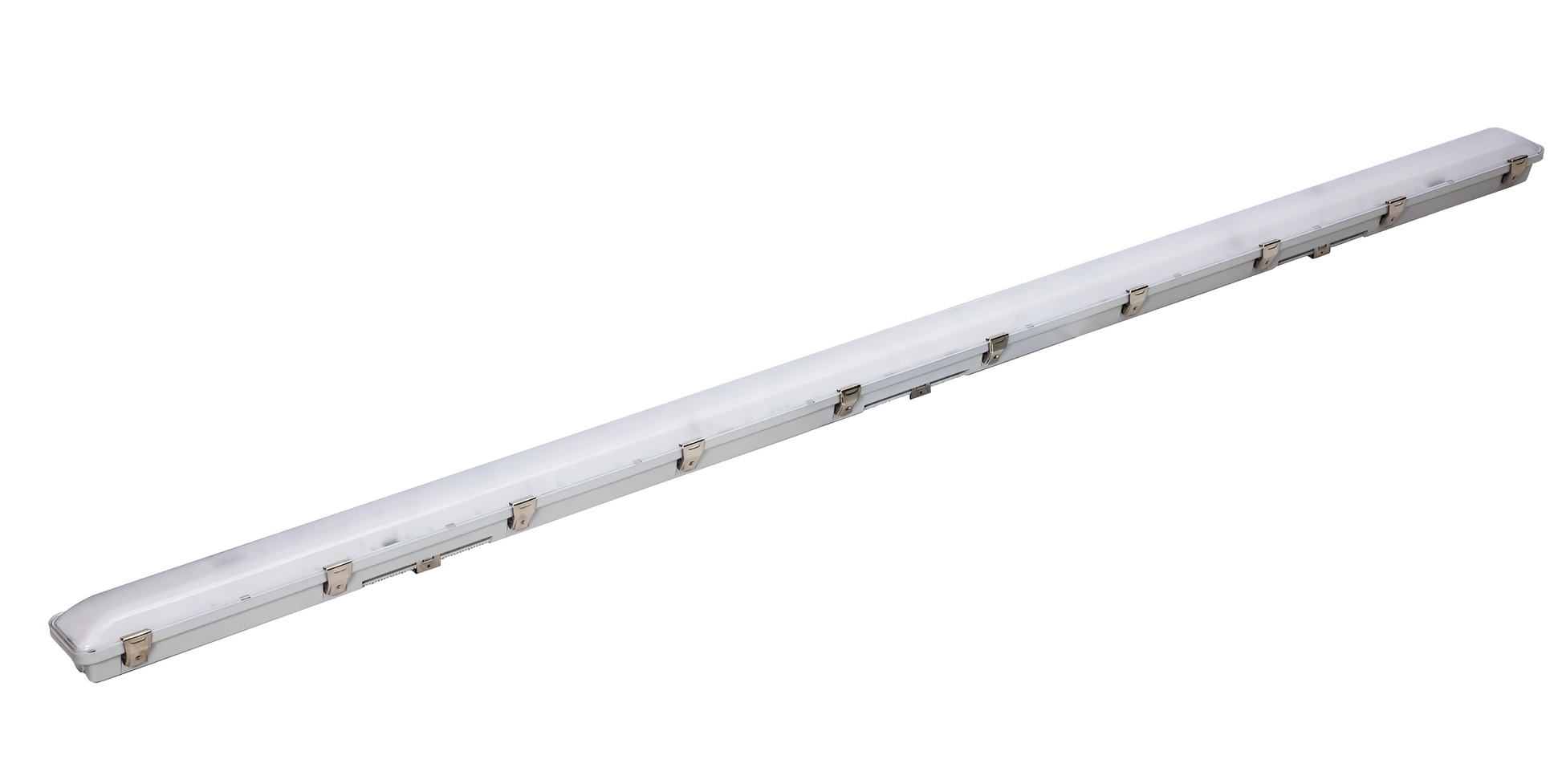 8ft LED waterproof linear vapor tight light fixture, IP66 rated commercial and industrial lighting for parking garages, warehouses, and wet locations, high output, adjustable wattage and CCT, 0-10V dimmable