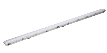 8ft LED waterproof linear vapor tight light fixture, IP66 rated commercial and industrial lighting for parking garages, warehouses, and wet locations, high output, adjustable wattage and CCT, 0-10V dimmable