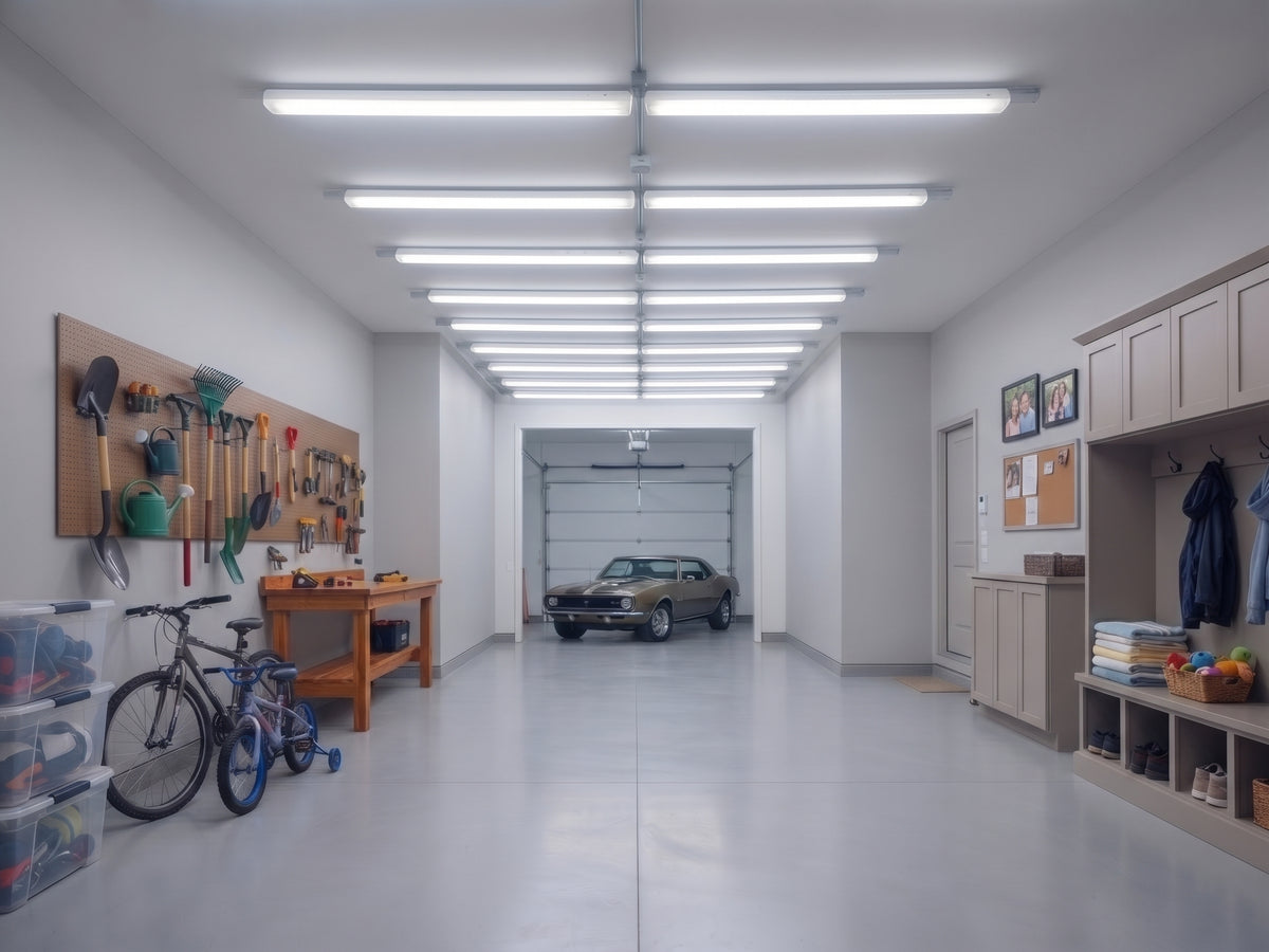 LED wraparound lights providing practical overhead lighting in a residential garage