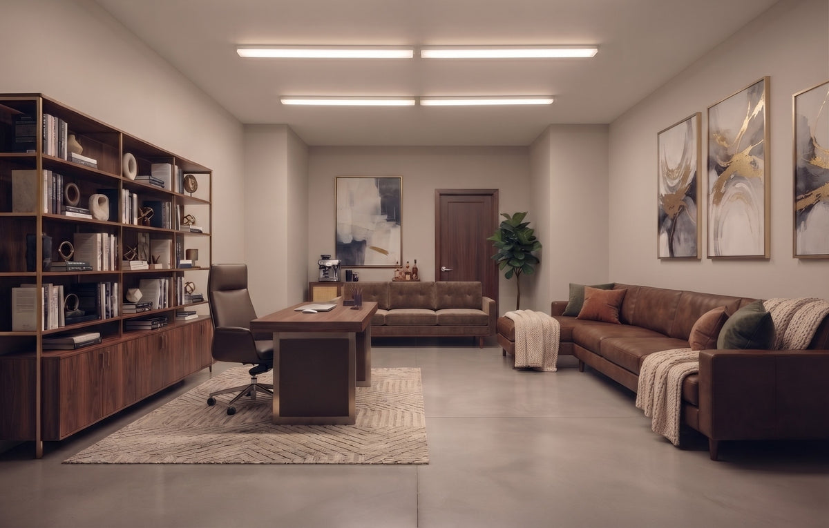 LED wraparound lights installed in a home office for bright, comfortable workspace lighting