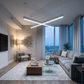 Modern cross-shaped LED linear pendant light used in a contemporary living room