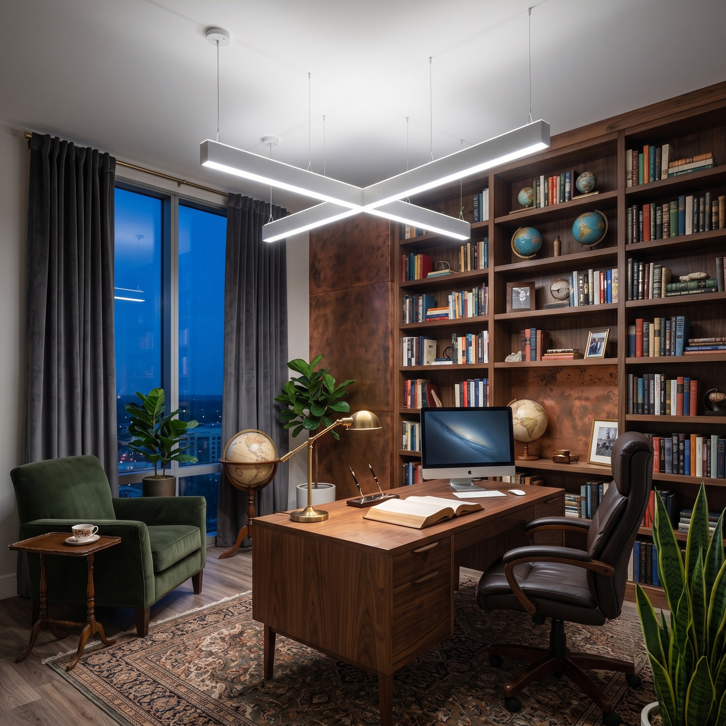 Modern cross-shaped LED linear pendant light used in a home office workspace