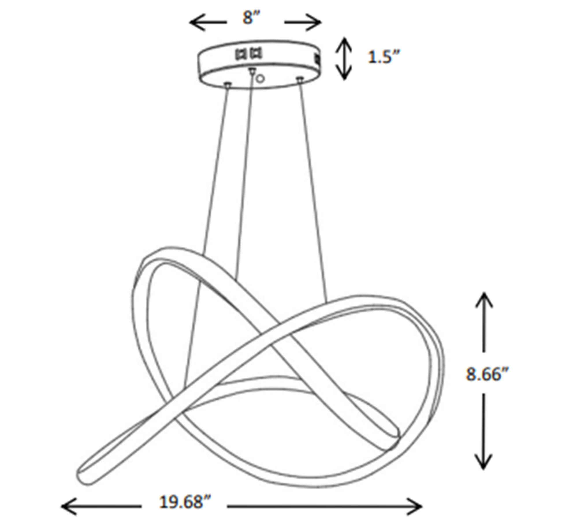 Modern LED swirl chandelier dimensions showing fixture size and adjustable suspension cable