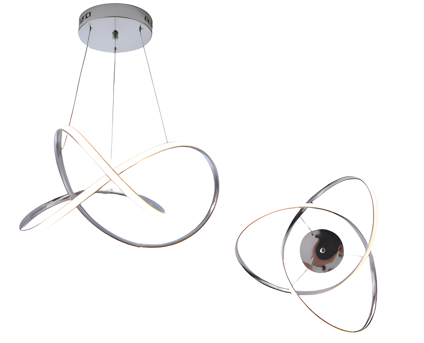 Front view and bottom view of modern LED swirl chandelier with frosted diffuser and sculptural design