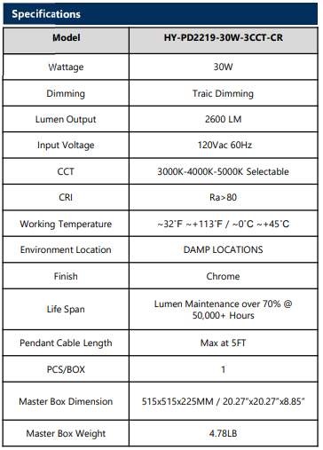 Modern LED swirl chandelier specifications including 30W power, 2600 lumens, 3CCT and TRIAC dimming