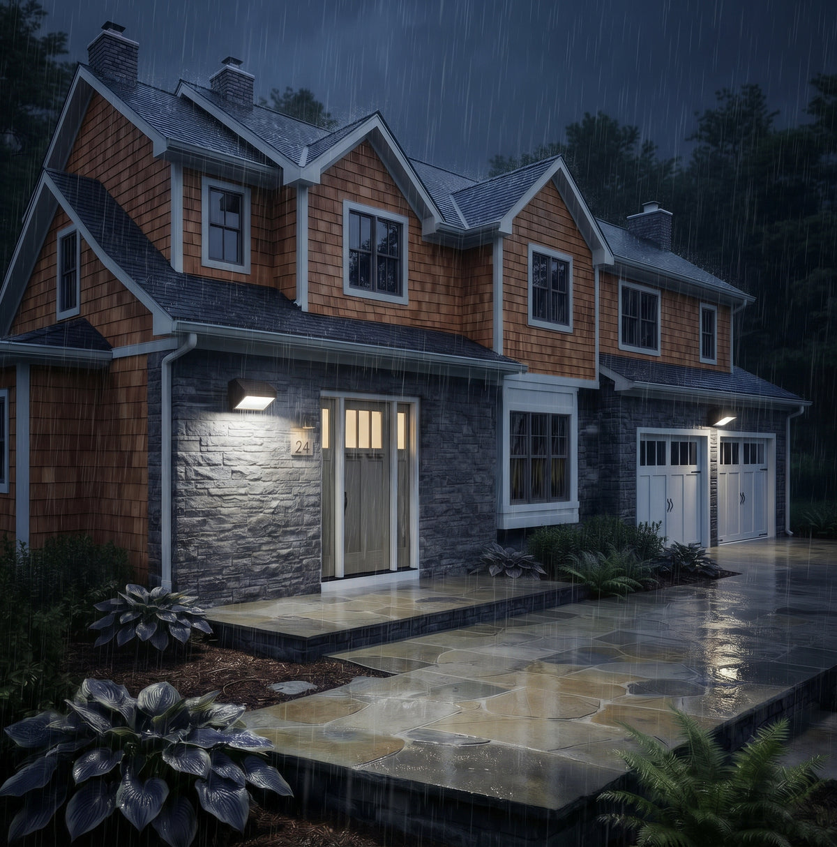 Outdoor LED wall pack light installed on a residential home to provide exterior illumination and added nighttime security.