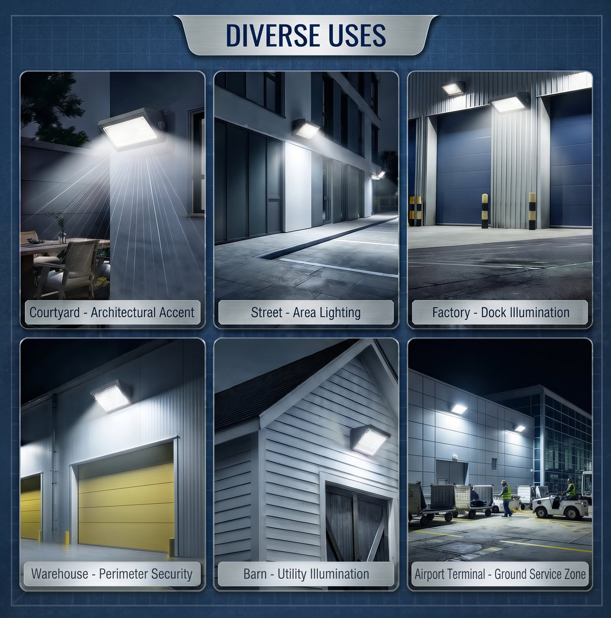 Outdoor LED wall pack lighting for courtyards, streets, factory docks, warehouses, barns, and terminals in residential and commercial settings.