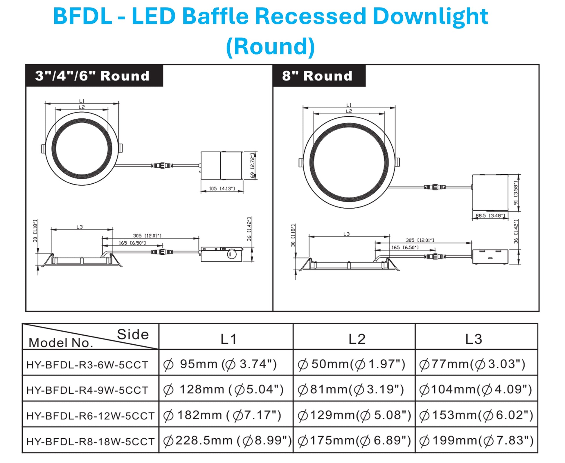 Round slim LED baffle recessed downlight dimensions and specifications, 5CCT tunable, IC-rated canless ceiling light measurements