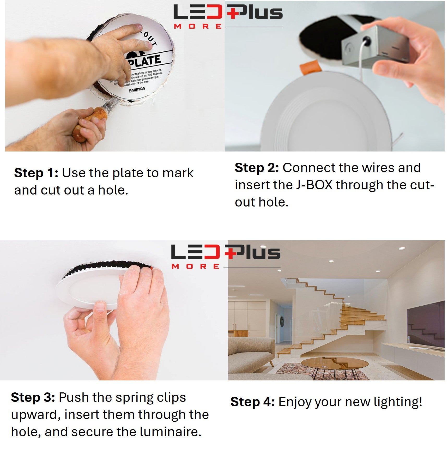 Slim LED baffle recessed downlight installation method showing junction box and spring clips, IC-rated canless ceiling light for easy remodel