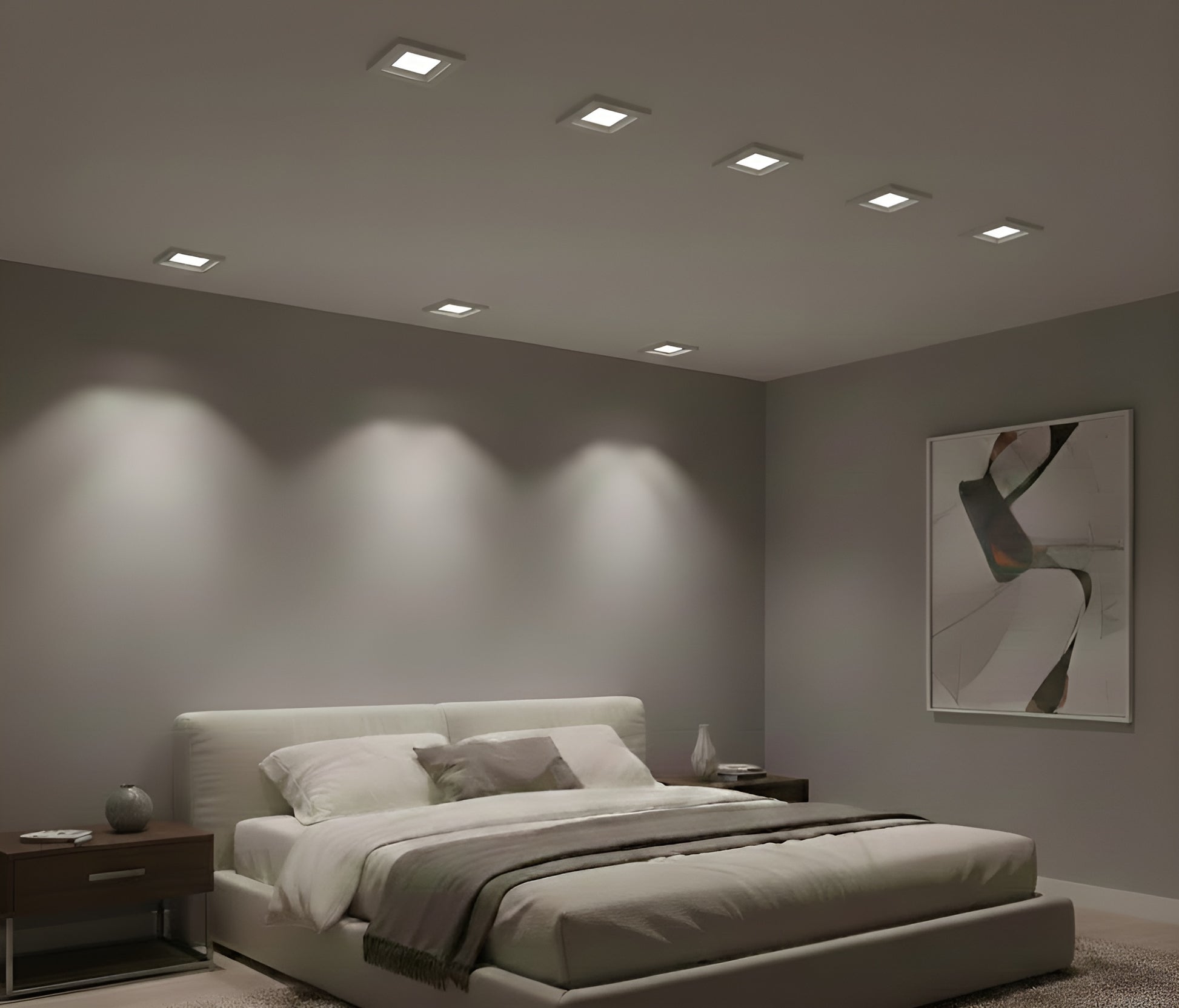 Square slim LED recessed downlight 5CCT IC-rated canless ceiling light installed in modern living room, CRI 90+, Energy Star certified.