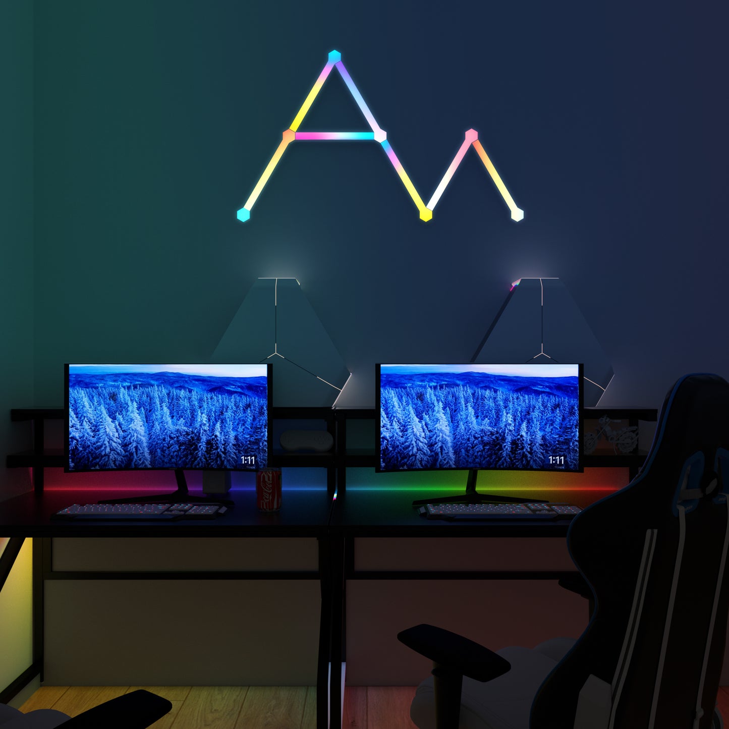 LED Smart Space Linear Wall Lights in a gaming room with RGB color-changing triangular panels, customizable layout, and smart app control