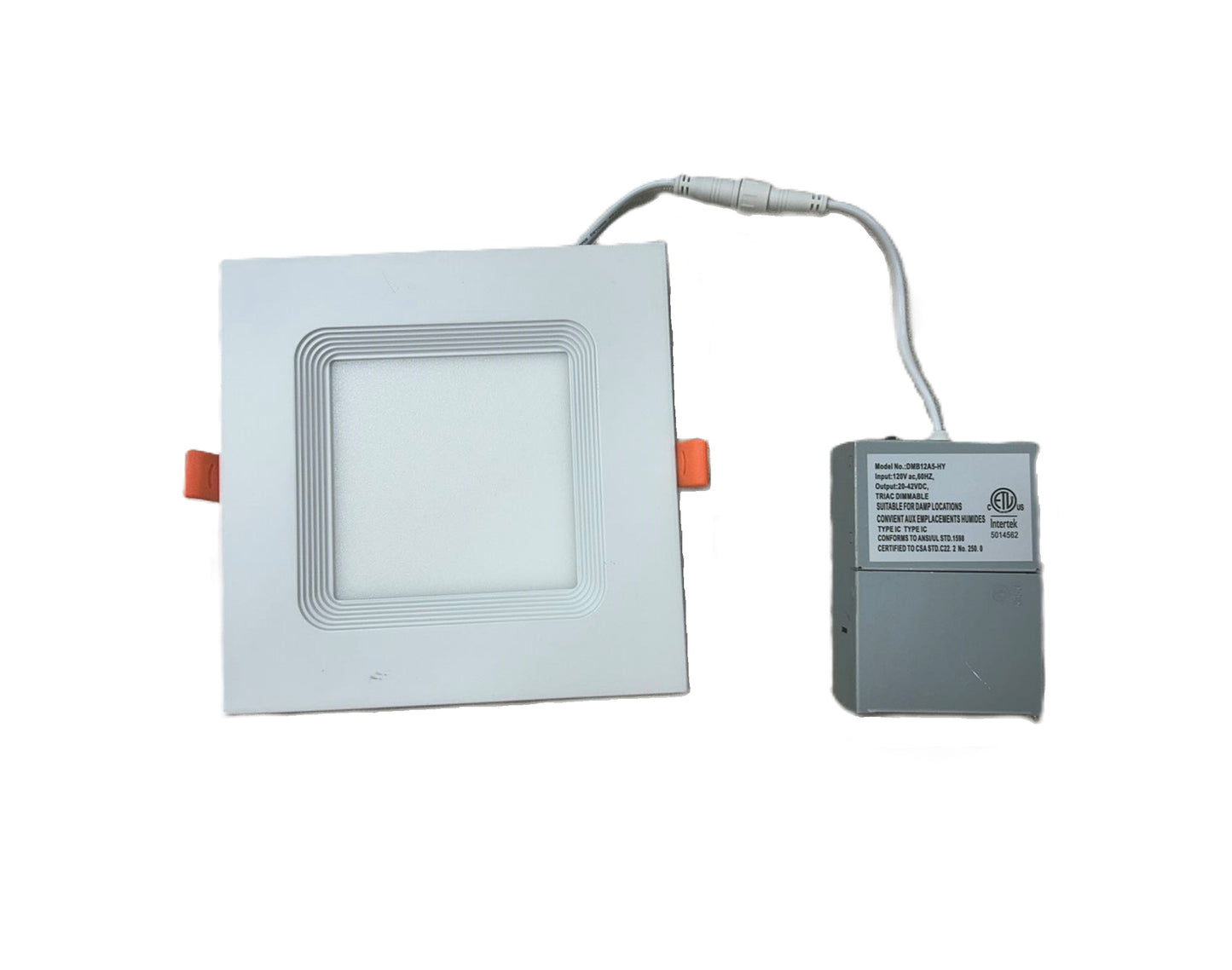 Front view of square slim LED recessed downlight 5CCT IC-rated canless ceiling light, Energy Star certified